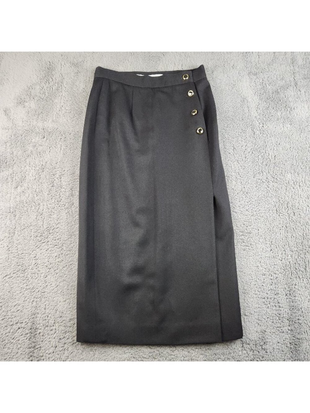 Vintage‎ Women’s Wool Skirt Black Wrap Gold Buttons Lined Maxi USA Made Size 8